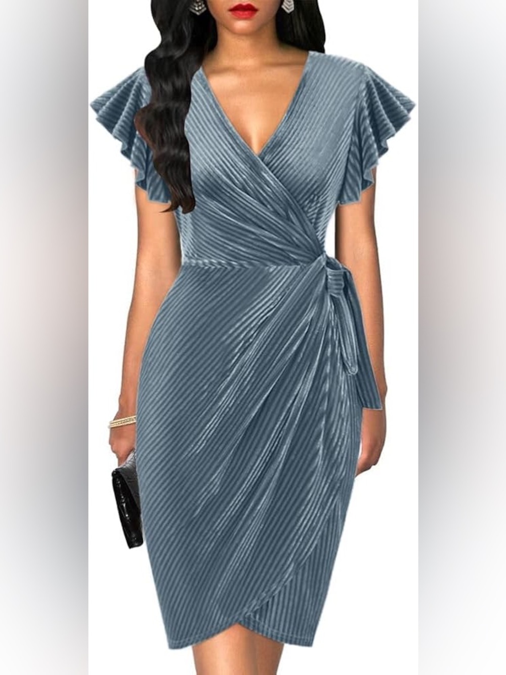 Oten Midi Velvet Dress XL V Neck Ruffle Sleeve Sheath Cocktail Party Faux Wrap